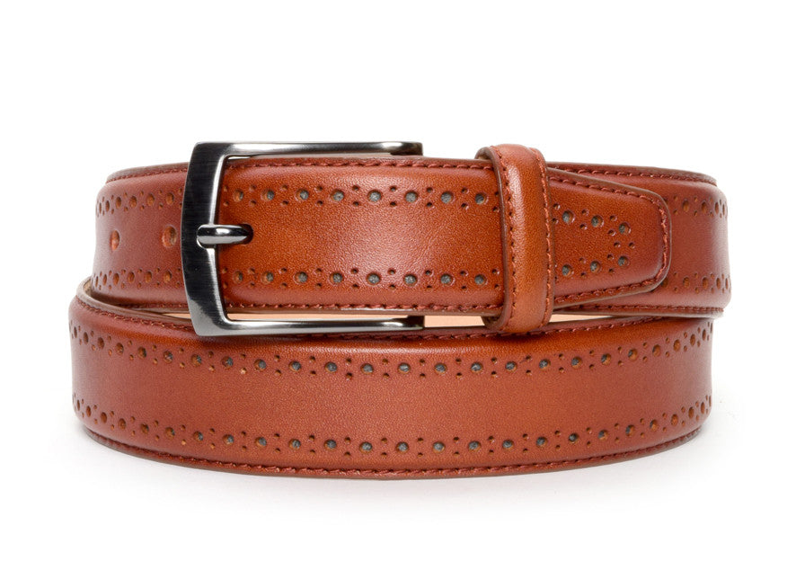 Cognac Perforated Leather Dress Belt - Warfield & Grand Classic